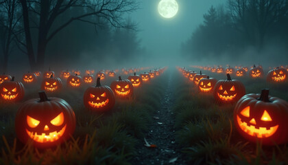 A misty pumpkin patch under the cover of night where glowing jack-o'-lanterns of all shapes and sizes flicker faintly casting long, eerie shadows across the field