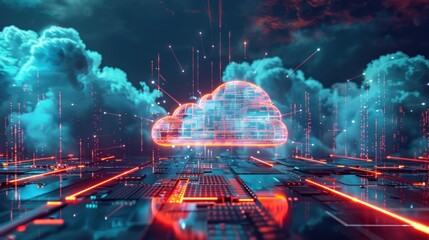 A digital cloud surrounded by glowing data streams and circuitry, representing cloud computing.