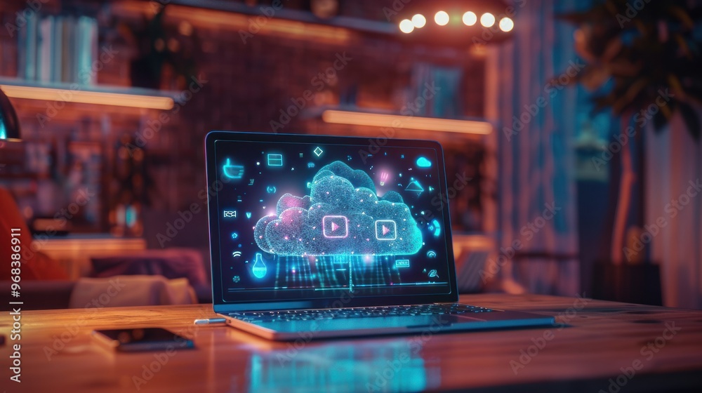Poster a laptop displaying a digital cloud interface with multimedia icons in a cozy, modern setting.