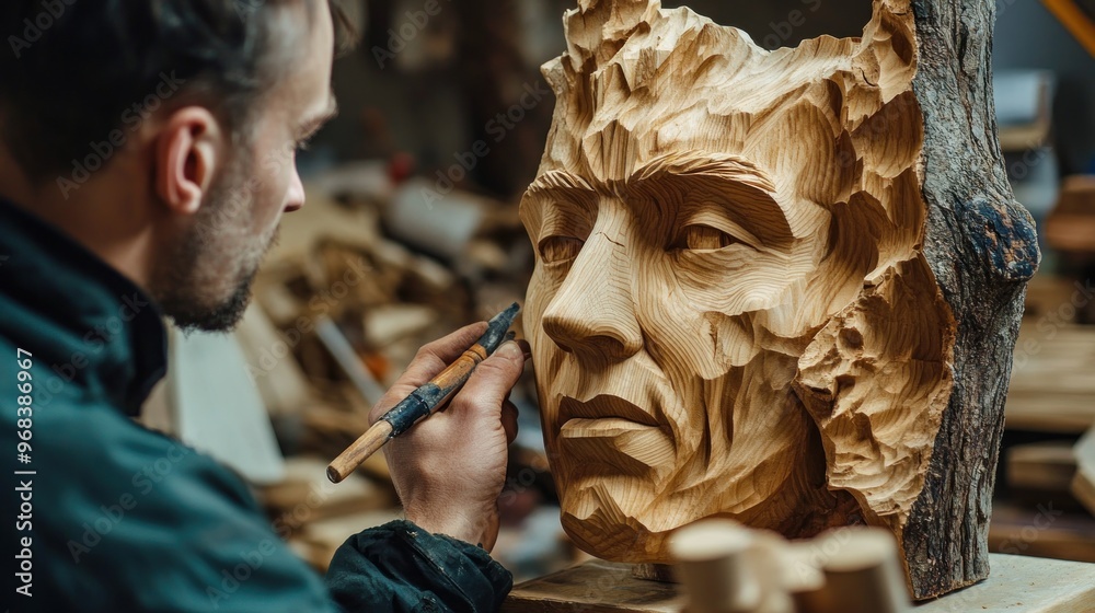 Wall mural a craftsman meticulously carving a wooden face sculpture in a workshop setting.