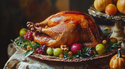 A beautifully roasted turkey on a decorative platter surrounded by fruits and greenery.