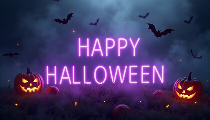 A dark, swirling fog with silhouetted bats and pumpkins scattered throughout, with the words 'Happy Halloween' glowing in bright purple letters to add to the spooky vibe