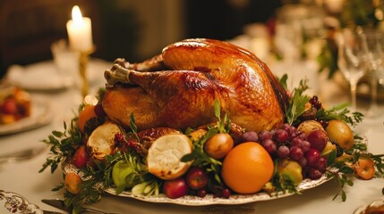 A beautifully roasted turkey surrounded by fresh fruits and vegetables on an elegant table setting.