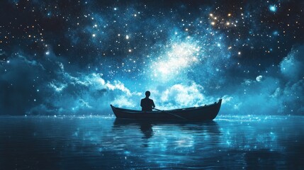 A serene figure in a boat gazes at a starry night sky, evoking wonder and introspection.