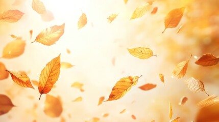 Obraz premium A serene scene of falling autumn leaves illuminated by warm sunlight.