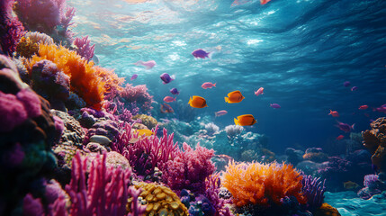 Vibrant Shot of a Coral Reef Teeming with Colorful Fish and Marine Life in the Clear Blue Waters of a Tropical Ocean