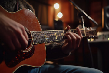 Obraz premium A Caucasian person playing on an acoustic guitar in a recording studio with a blurred studio in the background.