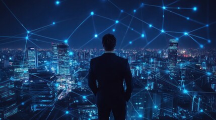 Obraz premium A businessman overlooks a futuristic cityscape with digital connections representing technology.