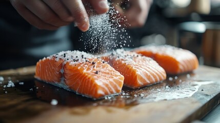 Fresh salmon fillets being seasoned with salt on a wooden cutting board.