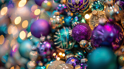 Modern Christmas Tree with Vibrant Ornaments in Shades of Purple, Teal, and Gold