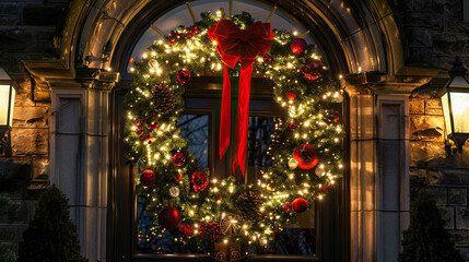Festive Mansion Entrance with Oversized Wreath and Glowing Lights