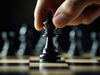 A hand moves black king piece on chessboard, showcasing strategy and focus
