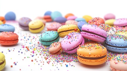 Fototapeta premium A colorful assortment of macarons scattered with sprinkles, creating a festive atmosphere.