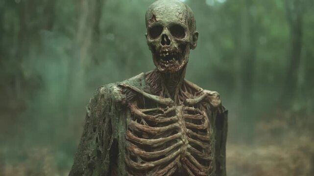 Skeleton wearing tattered clothing standing in foggy forest. Spooky and eerie atmosphere. Halloween concepts.