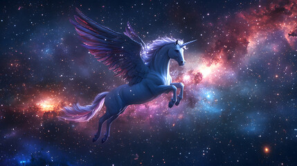 Vibrant Image of a Pegasus Flying Through a Starlit Sky with Sparkling Stardust Trailing Behind It
