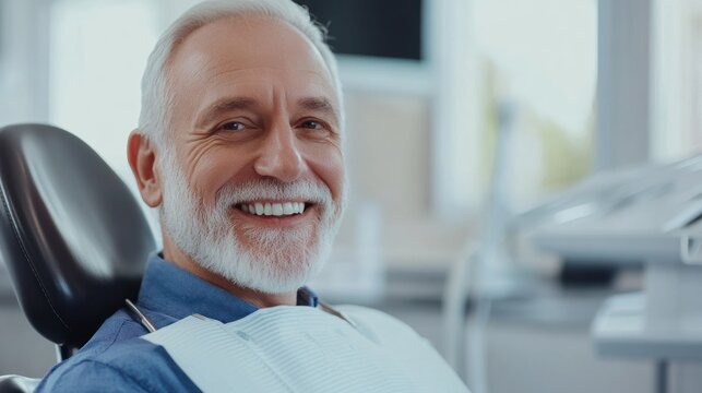 A smiling elderly man in a dental chair, conveying a positive dental experience.