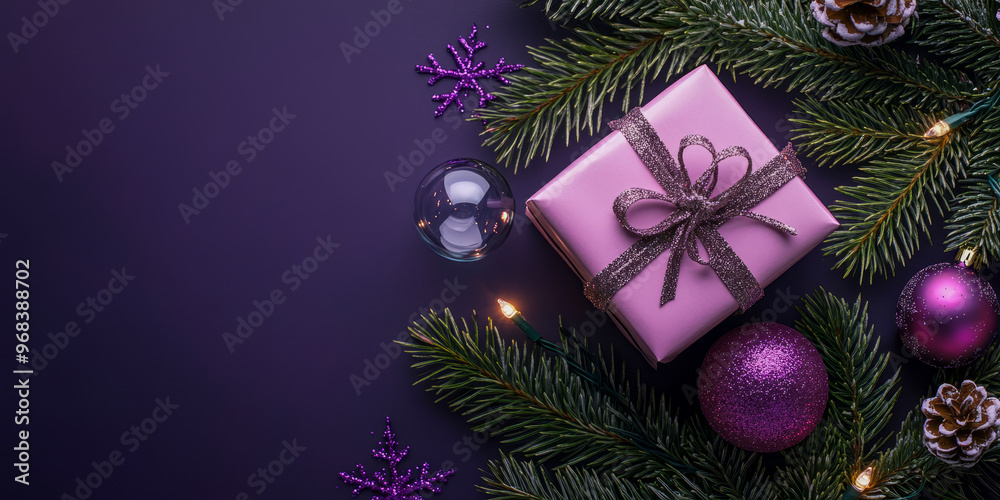 Wall mural merry christmas and happy new year bright colorful composition. xmas background with festive decorat