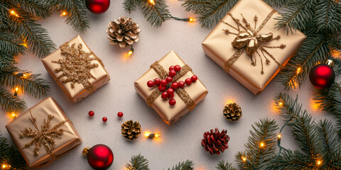 Merry Christmas and Happy New Year bright colorful composition. Xmas background with festive decorative elements. Festive banner and web poster, greeting card, flyer and brochure