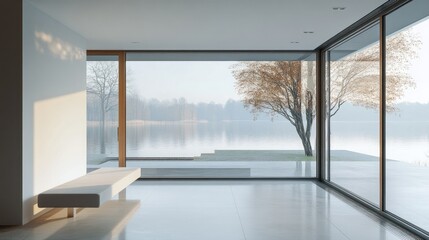 Modern interior with large windows showcasing a tranquil lakeside view and autumn trees.
