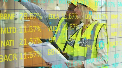 Animation of mathematical equations and data over diverse workers talking at building site - Powered by Adobe