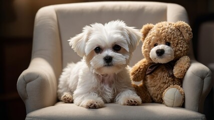A pristine Maltese sitting with a brand new teddy bear on a chair