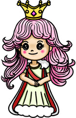 The pink hair queen with golden crown, cartoon character 