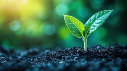 A small green plant is growing in the dirt