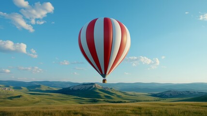 Obraz premium A hot air balloon is floating in the sky above a grassy field