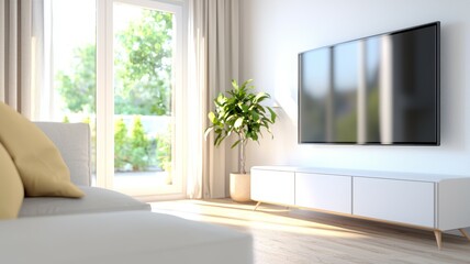 A living room with a white couch and a white entertainment center