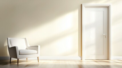 Fototapeta premium A white chair sits in front of a white door