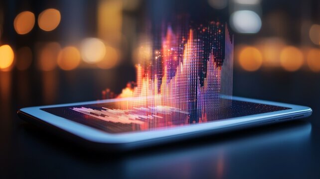 A tablet screen shows a graph with a red line that is rising