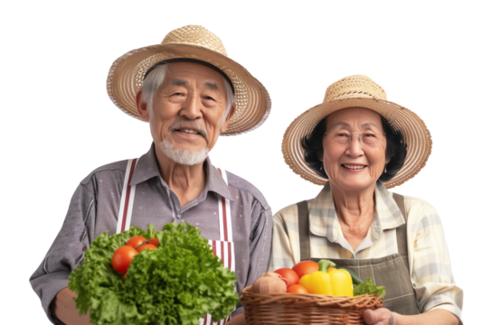 Elderly Asian couple joyfully making nutritious vegetarian salad with farm-fresh ingredients.