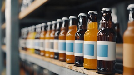 Arrangement of Craft Beer Bottles with Diverse Labels in Brewery Setting