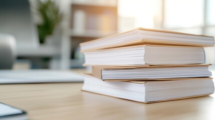 A stack of books on a table with a chair in the background