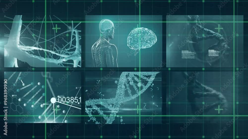 Wall mural animation of digital screens with science data on blue background