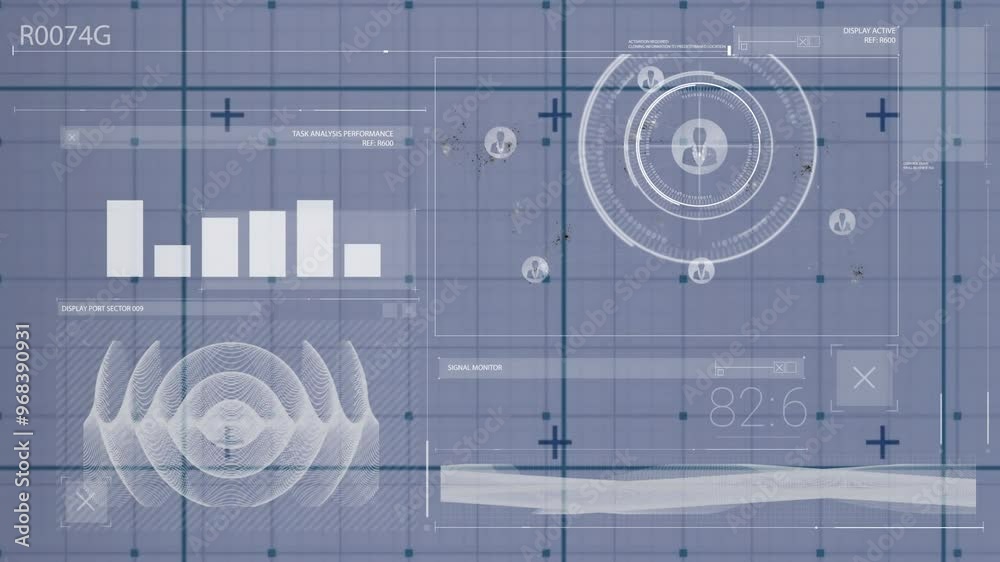 Poster animation of data processing and diagrams on white background