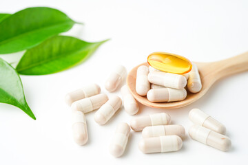 Oil filled capsules, Fish oil capsules of food supplements, omega 3, vitamin D3, vitamin E