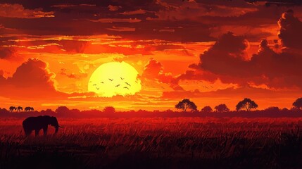 A captivating_ and fiery sunset over a vast savannah with silhouettes of roaming wildlife creating a stunning African land