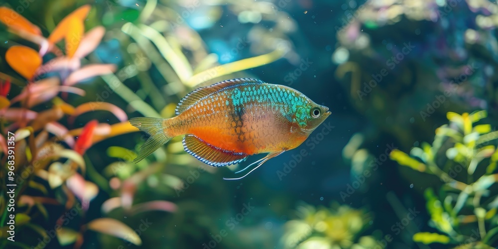 Poster Banded gourami swimming in a tropical aquarium