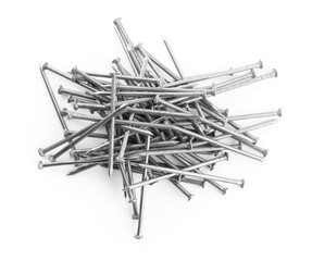 Pile of metal nails on white background, top view