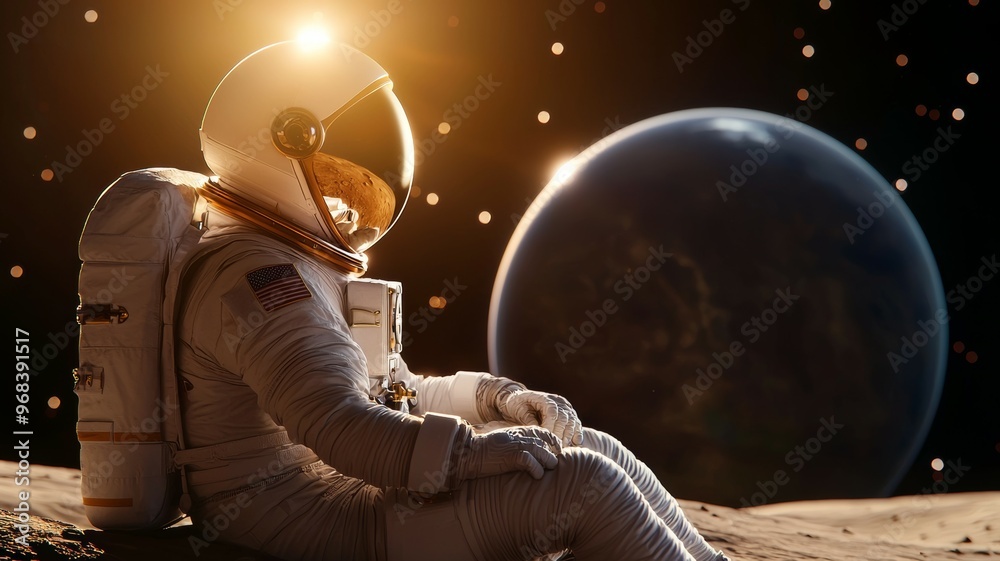 Canvas Prints A man in a spacesuit is sitting on the moon