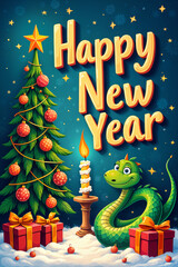 Fototapeta premium Colorful and festive greeting card for the holiday season, featuring a Christmas tree, a snake, and presents.