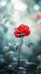 Red rose with dewdrops in natural bokeh background