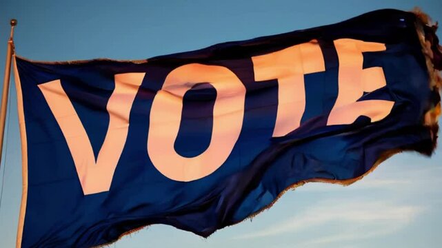 A majestic VOTE flag, white letters typescript on a vibrant blue background, billowing in the wind, fabric rippling, concept of election, banner, poster, vector illustration created with generative ai