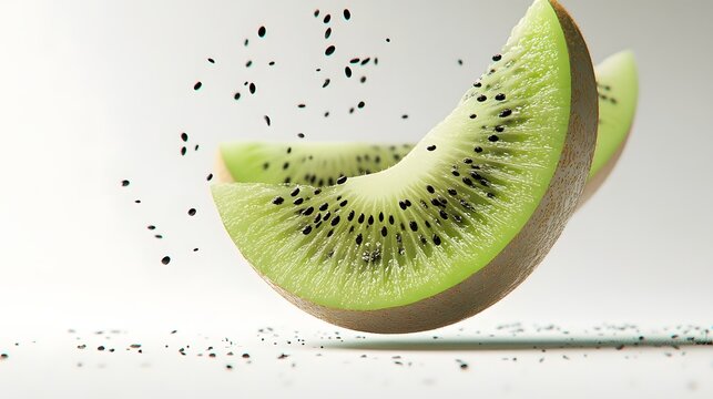 2. **A 3D render of a falling slice of kiwi, its green flesh and black seeds contrasted with a clean white surface