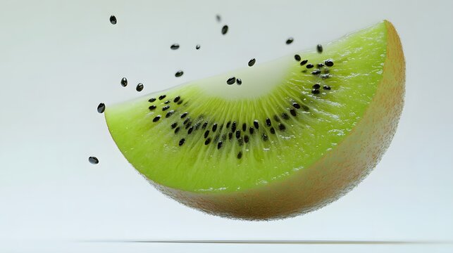 2. **A 3D render of a falling slice of kiwi, its green flesh and black seeds contrasted with a clean white surface