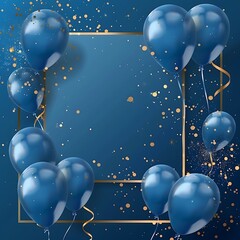 Blue and white balloons with confetti on blue background.