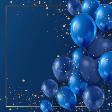 Blue and white balloons with confetti on blue background.