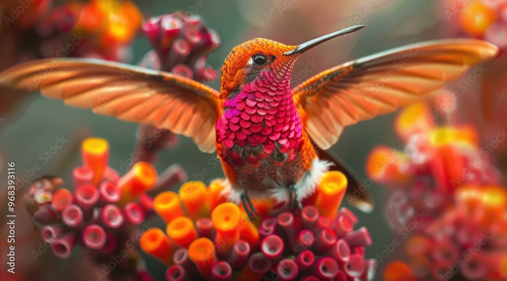 Wall mural Vibrant hummingbird in flight surrounded by colorful flowers