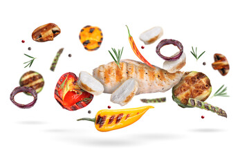 Grilled vegetables and chicken falling on white background